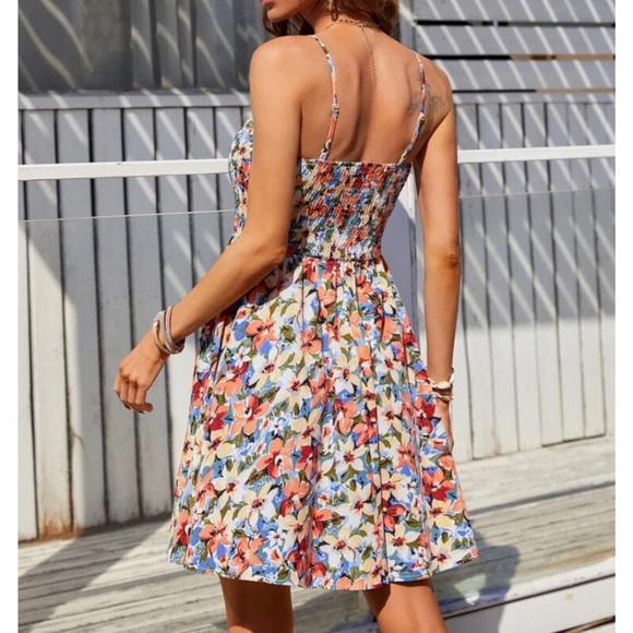 SOLD OUT Multi Color Tropical Floral Smocked Cami Tank Casual Summer Mini Dress - Picture 4 of 5